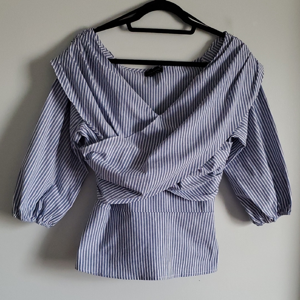 Lucky Brand Nautical Wrap Top Off-Shoulder 3/4 Sleeve Blue & White Striped Large